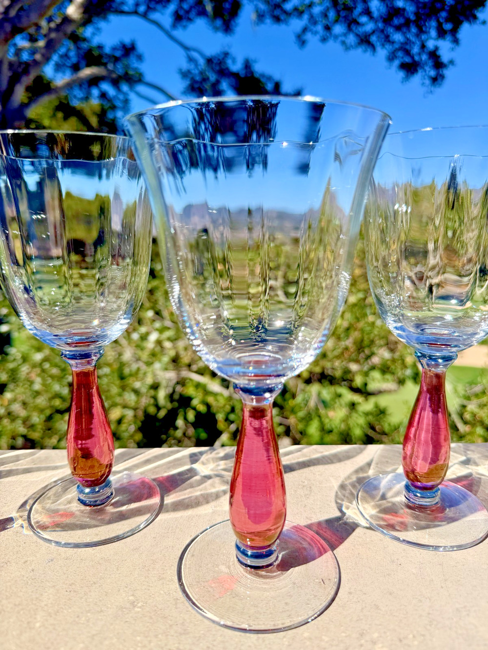 Vintage Krosno Poland Wine Goblets Set 9 Cranberry Blue Stems 7.75" Whimsygoth
